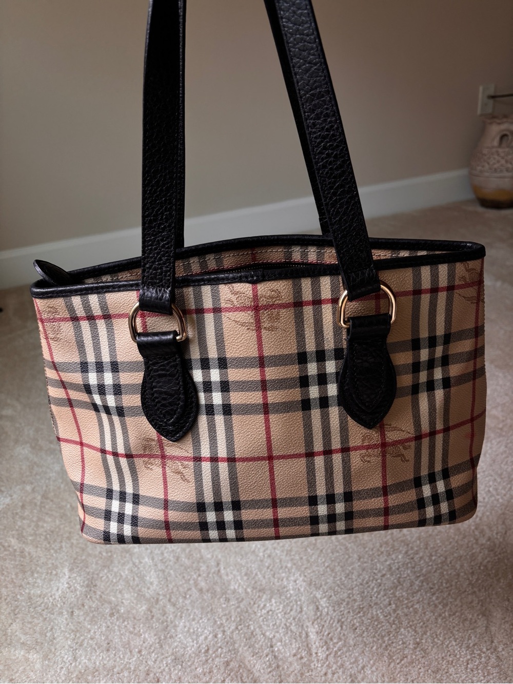 Burberry Beige Plaid Shoulder Bag with Black Straps